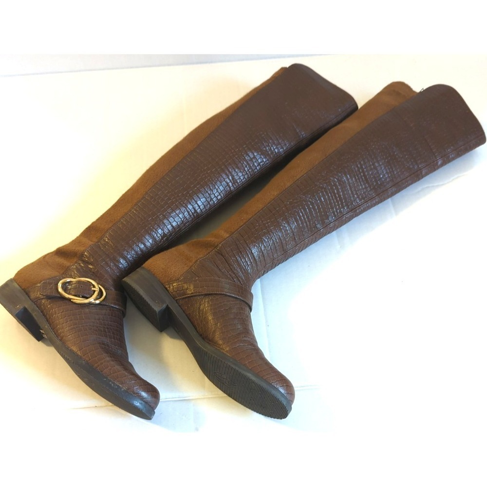 Stuart Weitzman Women SIELLA Croc Embossed Leather Over Knee Boots Coffee 6 M